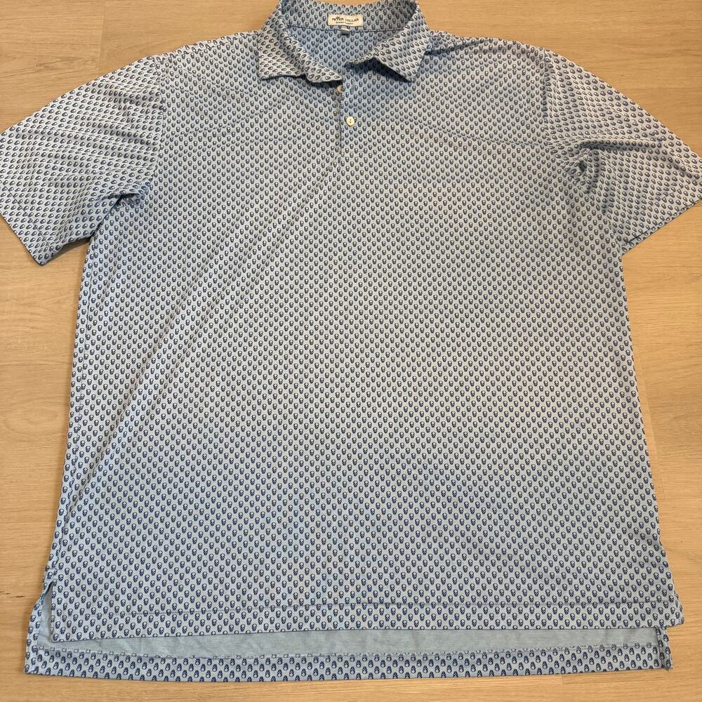 Peter Millar Summer Comfort Mens XL Light Blue Navy Skull Print Golf Polo Shirt